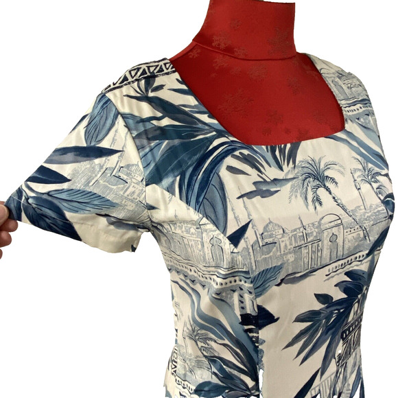 Tori Richard Honolulu Dress Made in Hawaii Short Sleeve Blue & White XS Vintage - Picture 11 of 12